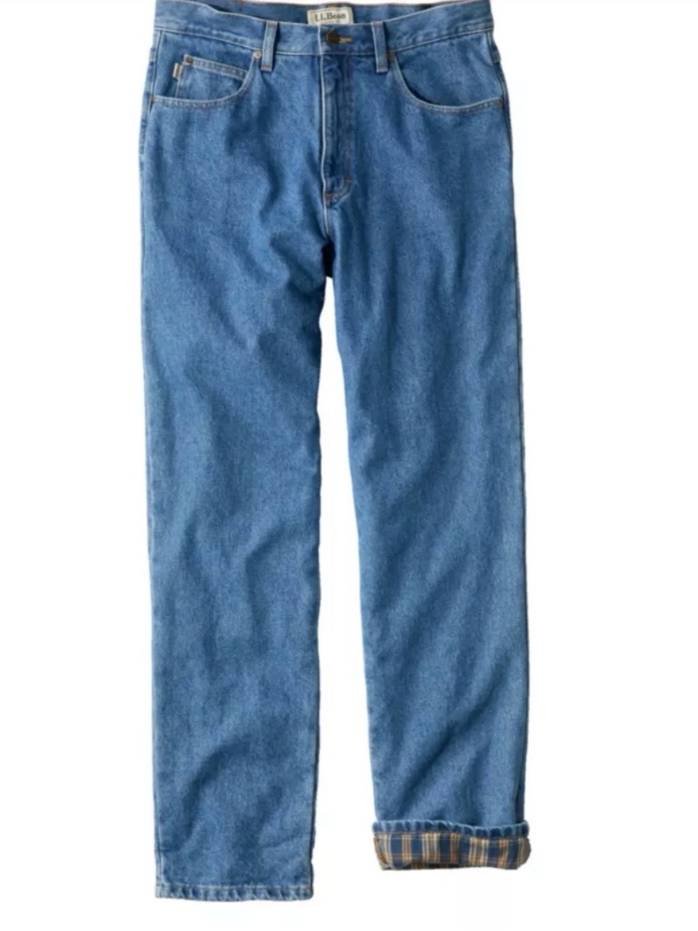 L.L. Bean relaxed fit jeans lined with blue and tan plaid flannel